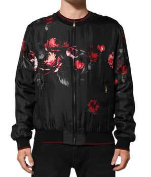 Dolce &amp; Gabbana Black Red Floral Silk Bomber Blouson Jacket