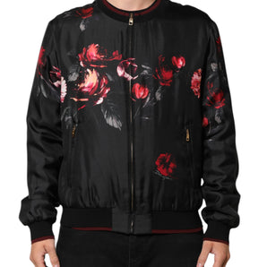 Dolce & Gabbana Black Red Floral Silk Bomber Blouson Jacket