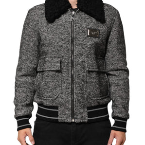 Dolce & Gabbana Gray Wool Herringbone Shearling Collar Bomber Jacket