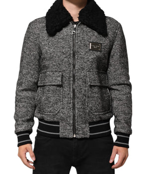 Dolce &amp; Gabbana Gray Wool Herringbone Shearling Collar Bomber Jacket