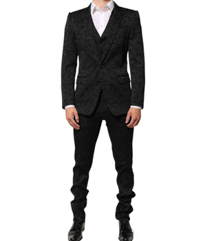 Dolce &amp; Gabbana Black 3-Piece Brocade Jacquard MARTINI Suit