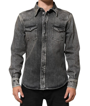 Dolce &amp; Gabbana Black Washed Cotton Snap Long Sleeve Casual Shirt