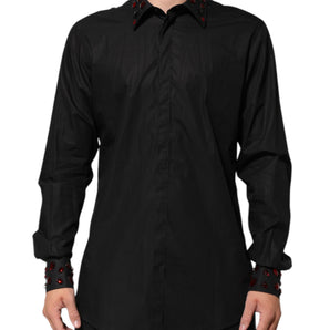 Dolce & Gabbana Black Cotton Embellished Collar Men’s Shirt