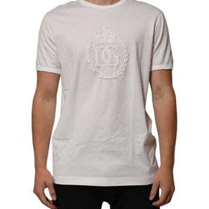 Dolce & Gabbana White Cotton DG Crown Embossed Men T-shirt