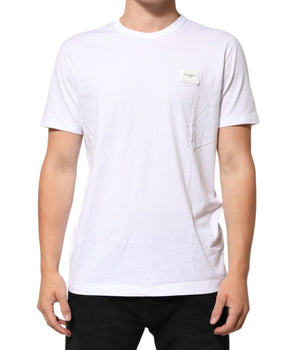 Dolce &amp; Gabbana White Logo Plaque Cotton Crew Neck T-Shirt