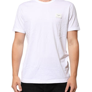 Dolce & Gabbana White Logo Plaque Cotton Crew Neck T-shirt