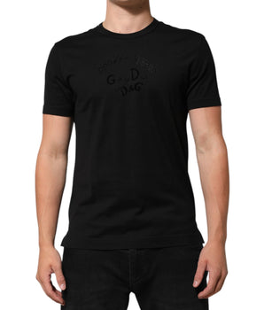 Dolce &amp; Gabbana Black Cotton Velvet Logo Print Men T-shirt