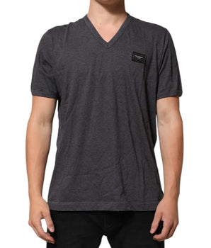 Dolce &amp; Gabbana Gray Cotton V-Neck Logo Plaque Melange T-Shirt