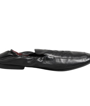 Dolce &amp; Gabbana Black Leather Slip On Men Flat Loafers Shoes