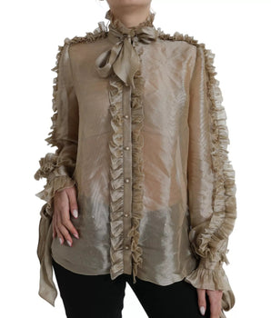 Dolce &amp; Gabbana Gold Ascot Collar Ruffles Blouse Top