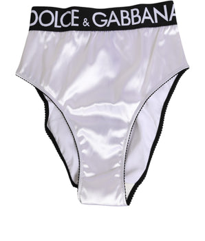 Dolce &amp; Gabbana White Satin High-Waist Black Logo Women Underwear