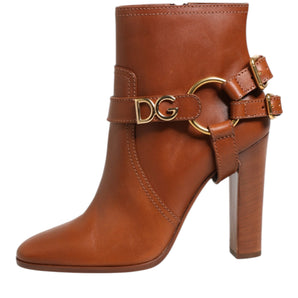 Dolce & Gabbana Brown Leather DG Logo Buckle Ankle Boots Shoes