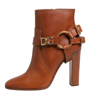 Dolce & Gabbana Brown Leather DG Logo Buckle Ankle Boots Shoes