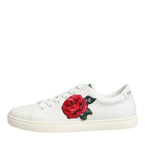 Dolce & Gabbana White Leather Rose Embroidery Low-Top  Shoes