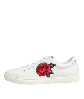 Dolce & Gabbana White Leather Rose Embroidery Low-Top  Shoes