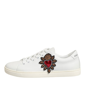 Dolce &amp; Gabbana White Leather Sacre Heart Patch Sneakers Shoes