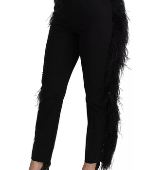 Dolce &amp; Gabbana Black Feather Straight High Waist Pants