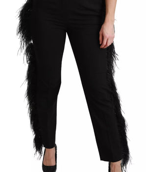 Dolce &amp; Gabbana Black Feather Straight High Waist Pants