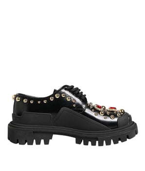 Dolce & Gabbana Black Leather Jeweled Crystals Derby Shoes