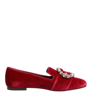 Dolce & Gabbana Red Velvet Crystal Buckle Loafers Flats Shoes