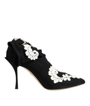 Dolce & Gabbana Black White Embroidered Jersey Stiletto Boots Shoes