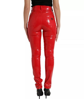 Dolce &amp; Gabbana Red High Waist Skinny Trouser Shiny Trousers