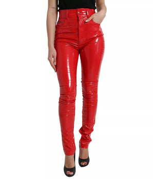 Dolce &amp; Gabbana Red High Waist Skinny Trouser Shiny Trousers