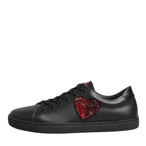Dolce & Gabbana Black Leather Crystal Heart Low Top Sneakers  Shoes