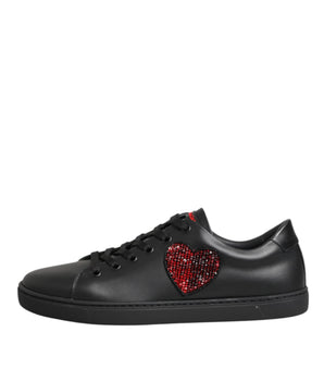 Dolce & Gabbana Black Leather Crystal Heart Low Top Sneakers  Shoes