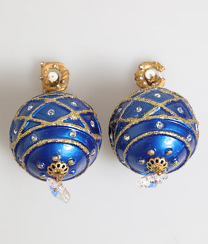 Dolce &amp; Gabbana Gold Brass Blue Christmas Ball Crystal Drop Clip On Earrings