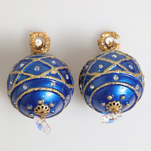 Dolce & Gabbana Gold Brass Blue Christmas Ball Crystal Drop Clip On Earrings