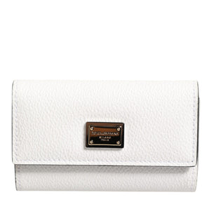 Dolce & Gabbana White Leather Card Case Holder Wallet Gold Logo Plate  Key Holder