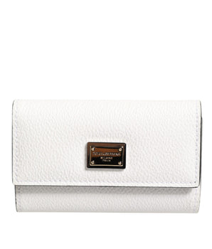Dolce &amp; Gabbana White Leather Card Case Holder Wallet Gold Logo Plate Key Holder