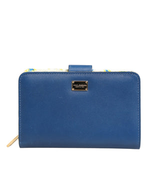 Dolce & Gabbana Blue Leather Continental Tile Print Zip Card Holder Purse Wallet