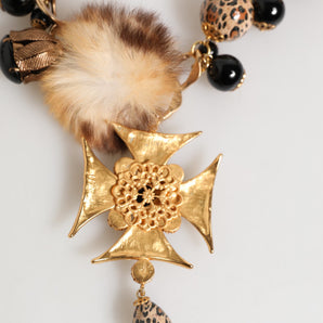 Dolce & Gabbana Gold Black Crystals Lapin Fur Filigree Choker Necklace