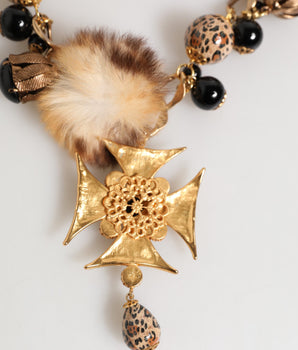 Dolce &amp; Gabbana Gold Black Crystals Lapin Fur Filigree Choker Necklace