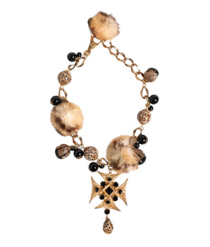 Dolce &amp; Gabbana Gold Black Crystals Lapin Fur Filigree Choker Necklace