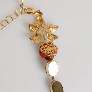 Dolce & Gabbana Red Rose Green Crystal Gold-Tone Chain Necklace