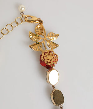 Dolce &amp; Gabbana Red Rose Green Crystal Gold-Tone Chain Necklace
