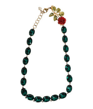 Dolce &amp; Gabbana Red Rose Green Crystal Gold-Tone Chain Necklace