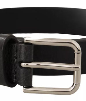 Dolce &amp; Gabbana Calf Leather Silver Tone Black Metal Buckle Belt