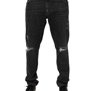Dolce & Gabbana Black Cotton Slim Fit Distressed Ripped Logo Jeans