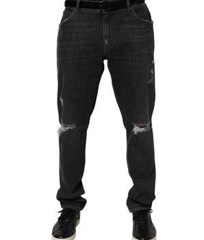Dolce & Gabbana Black Cotton Slim Fit Distressed Ripped Logo Jeans