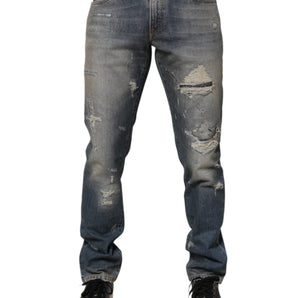 Dolce & Gabbana Blue Distressed Denim Slim Fit Pants Jeans