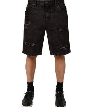 Dolce &amp; Gabbana Black Cotton Tattered Denim Men Bermuda Short