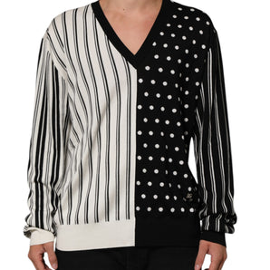 Dolce & Gabbana Black White Stripe Polka V-Neck Pullover Sweater