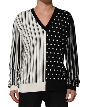 Dolce & Gabbana Black White Stripe Polka V-Neck Pullover Sweater