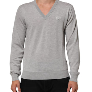 Dolce & Gabbana Gray Wool Knit Logo V-Neck Pullover Sweater