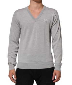 Dolce & Gabbana Gray Wool Knit Logo V-Neck Pullover Sweater