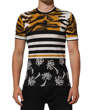 Dolce & Gabbana Multicolor Leopard Palm Leaf Men Crew Neck T-shirt